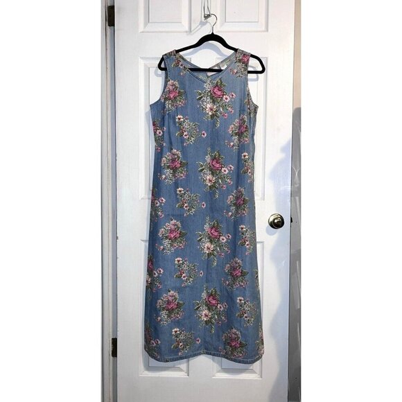 LIZ CLAIBORNE Y2K Jean Jumper Light Blue Pink Roses Cottagecore Dress Sz 10 - Picture 1 of 15